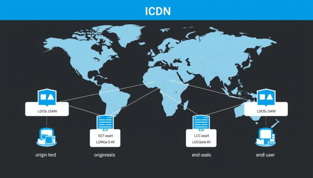Content Delivery Network (CDN) diagram showing distributed servers across a map