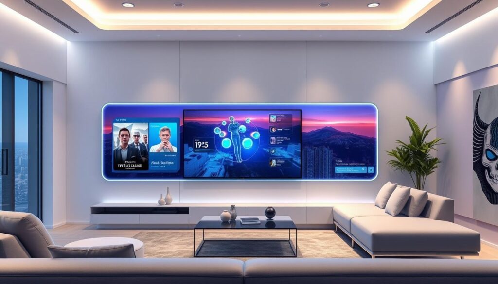 Futuristic living room with advanced IPTV integration and smart home features