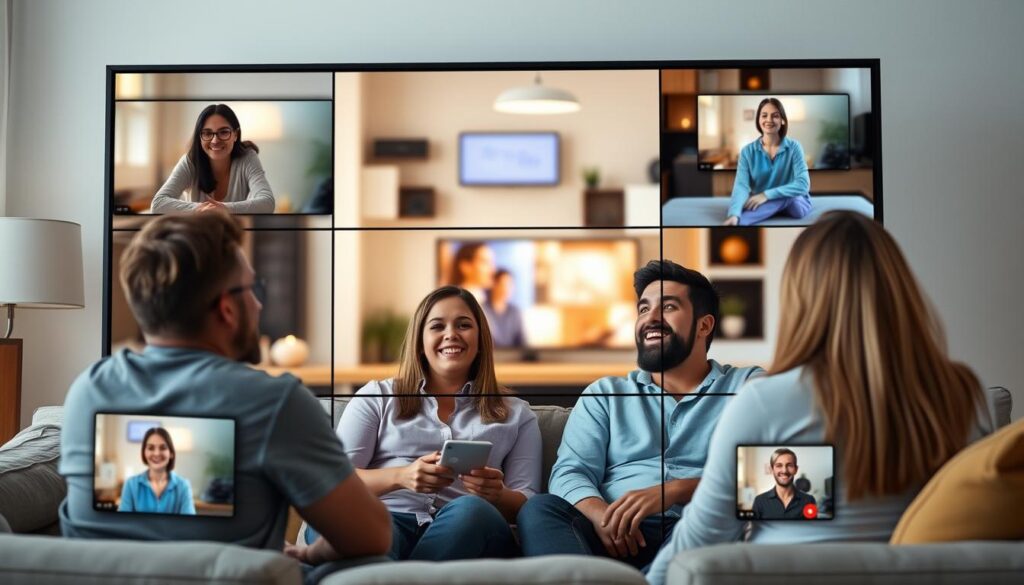 Group of friends participating in a virtual watch party using IPTV technology