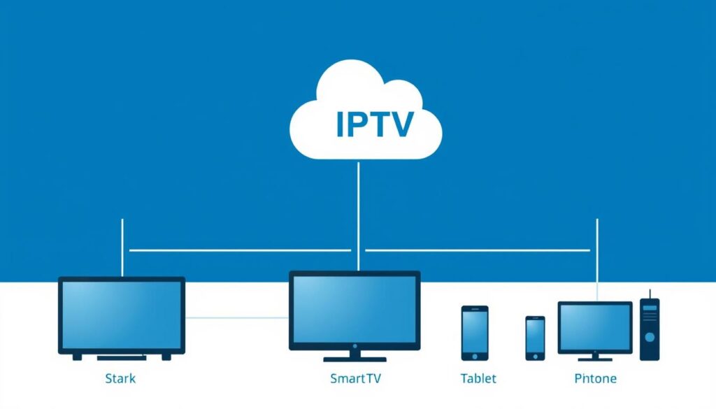 IPTV system diagram showing content delivery from servers to various devices