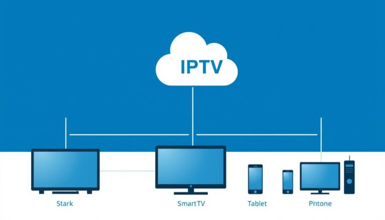 IPTV system diagram showing content delivery from servers to various devices