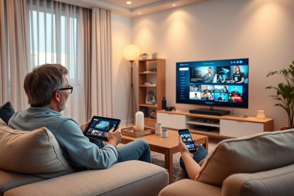 Person enjoying IPTV on multiple devices in a living room setting