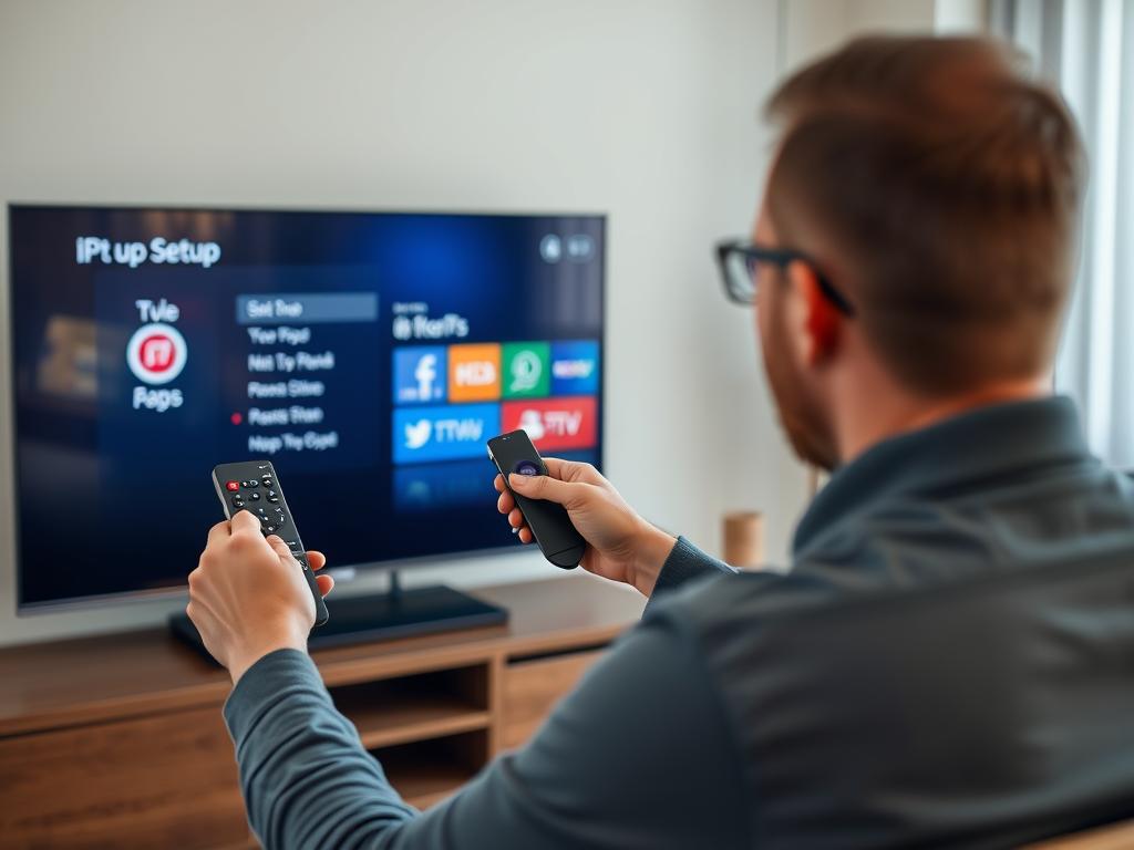 Person setting up IPTV on a smart TV with a streaming device