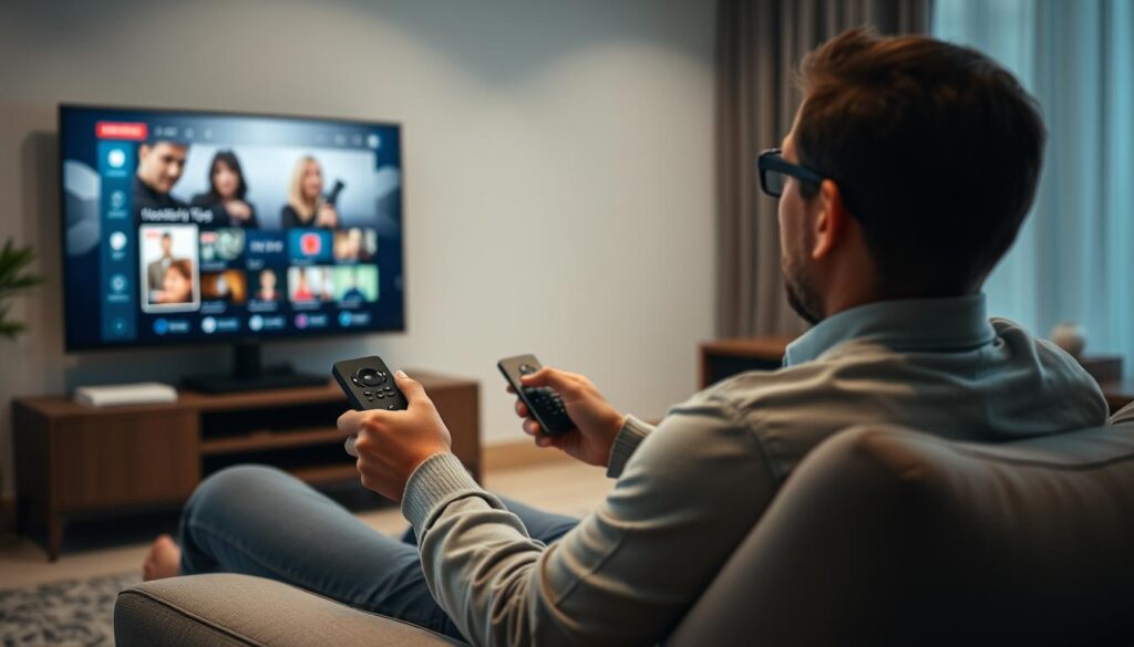 Person using voice commands with a smart remote to control IPTV content