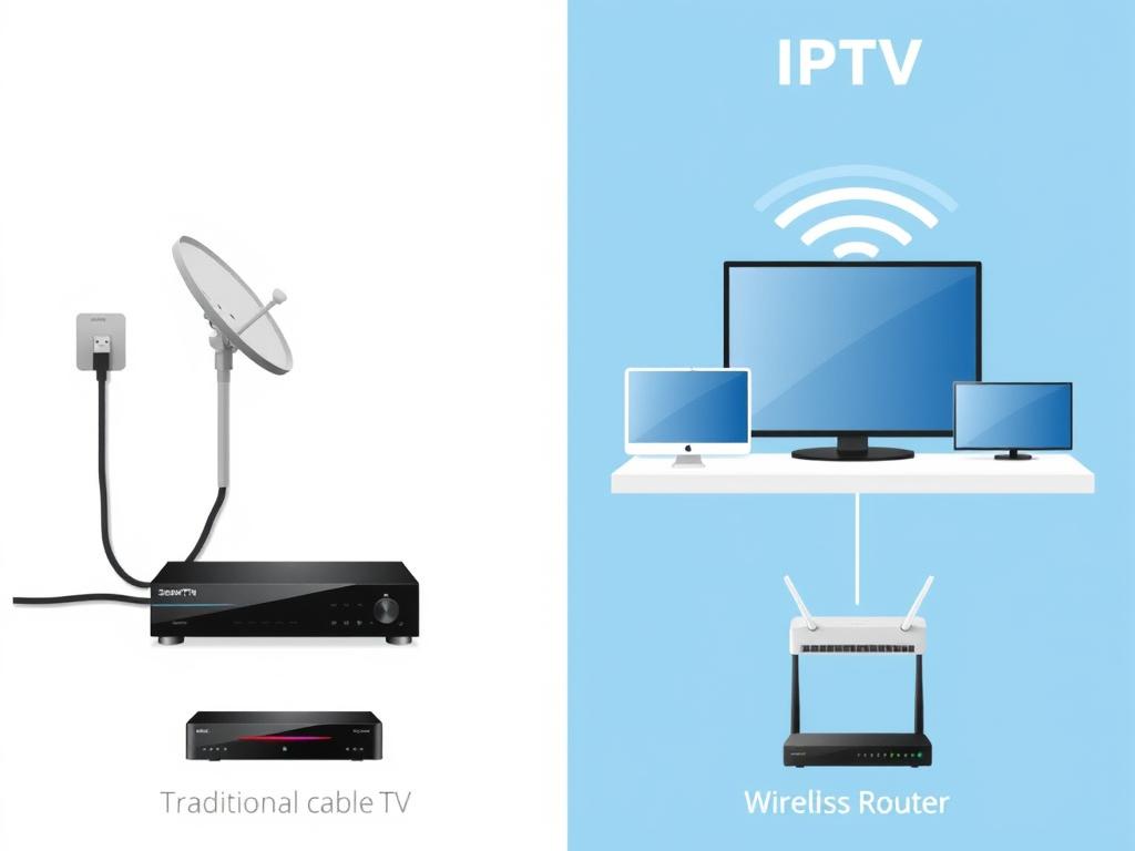 Split screen comparison between traditional cable TV setup and modern IPTV streaming