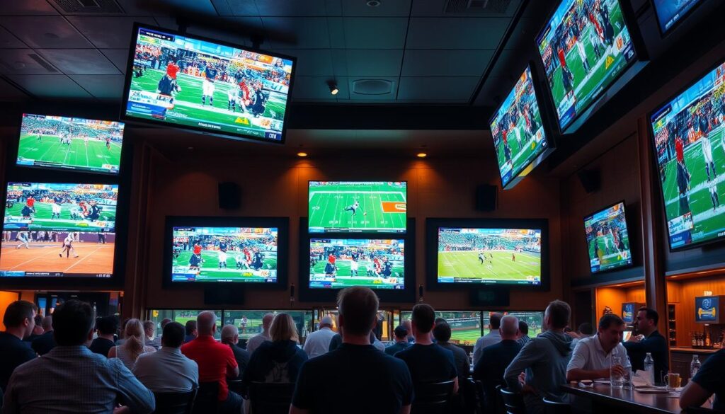 Sports bar with multiple screens showing different live sports events via IPTV