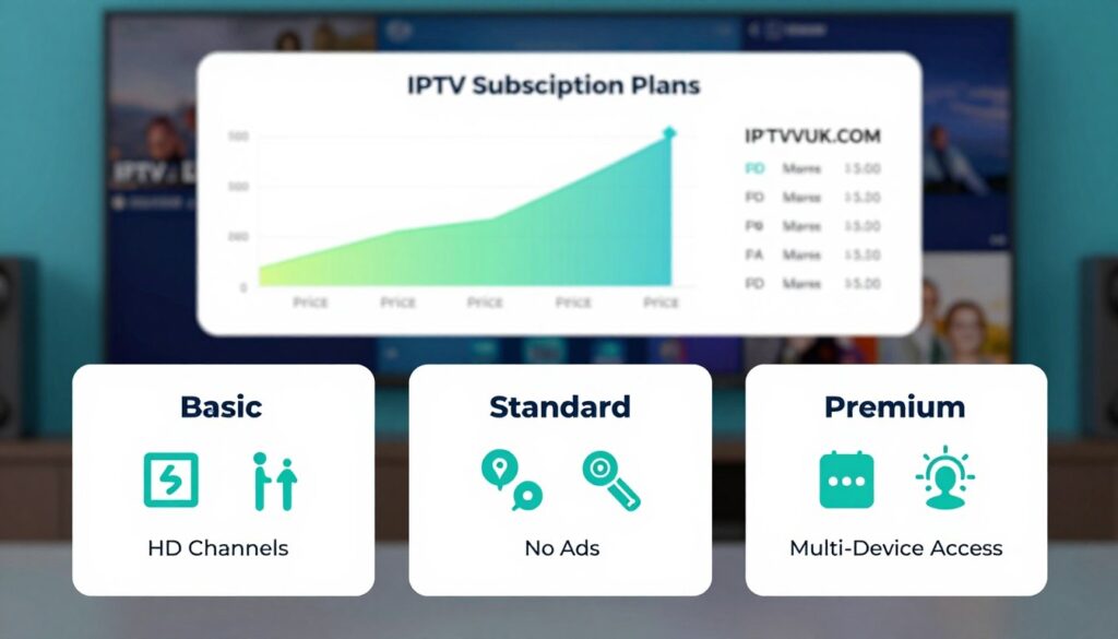 A clean, informative image comparing IPTV Subscription Plans with distinct pricing tiers. In the foreground, visually appealing plan boxes labeled "Basic," "Standard," and "Premium," arranged side by side, each showcasing icons representing features like "HD Channels," "No Ads," and "Multi-Device Access." In the middle ground, a sleek infographic-style layout with colorful graphs to indicate price comparisons. The background features a subtle digital display, hinting at streaming content and technology, with soft blue and green lighting to create a modern and professional atmosphere. The composition evokes clarity and professionalism, aiming to inform viewers efficiently. Include the brand name "IPTVVUK.COM" in a tasteful manner within the design elements, ensuring it is represented without any text overlays. A clean, informative image comparing IPTV Subscription Plans with distinct pricing tiers. In the foreground, visually appealing plan boxes labeled "Basic," "Standard," and "Premium," arranged side by side, each showcasing icons representing features like "HD Channels," "No Ads," and "Multi-Device Access." In the middle ground, a sleek infographic-style layout with colorful graphs to indicate price comparisons. The background features a subtle digital display, hinting at streaming content and technology, with soft blue and green lighting to create a modern and professional atmosphere. The composition evokes clarity and professionalism, aiming to inform viewers efficiently. Include the brand name "IPTVVUK.COM" in a tasteful manner within the design elements, ensuring it is represented without any text overlays.