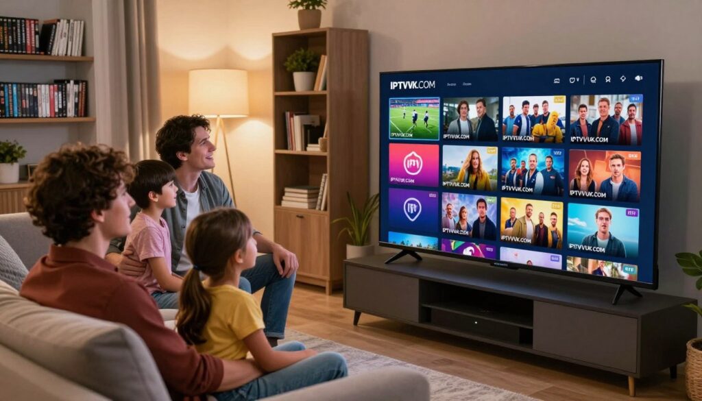A dynamic living room scene highlighting the variety of IPTV content. In the foreground, a sleek smart TV displays an array of colorful thumbnails for different shows and movies, representing genres like sports, documentaries, and dramas, all branded with the logo "IPTVVUK.COM." In the middle ground, a family of four—dressed in casual but modest clothing—sits comfortably on a modern couch, eagerly watching the TV. Soft, inviting lighting illuminates the room, creating a warm and cozy atmosphere. In the background, shelves are adorned with DVDs and a decorative bookshelf, complementing the tech-savvy environment. The angle is slightly elevated, capturing the family's expressions of joy and engagement as they explore their viewing options, symbolizing the shift from traditional cable to the diverse offerings of IPTV. A dynamic living room scene highlighting the variety of IPTV content. In the foreground, a sleek smart TV displays an array of colorful thumbnails for different shows and movies, representing genres like sports, documentaries, and dramas, all branded with the logo "IPTVVUK.COM." In the middle ground, a family of four—dressed in casual but modest clothing—sits comfortably on a modern couch, eagerly watching the TV. Soft, inviting lighting illuminates the room, creating a warm and cozy atmosphere. In the background, shelves are adorned with DVDs and a decorative bookshelf, complementing the tech-savvy environment. The angle is slightly elevated, capturing the family's expressions of joy and engagement as they explore their viewing options, symbolizing the shift from traditional cable to the diverse offerings of IPTV.