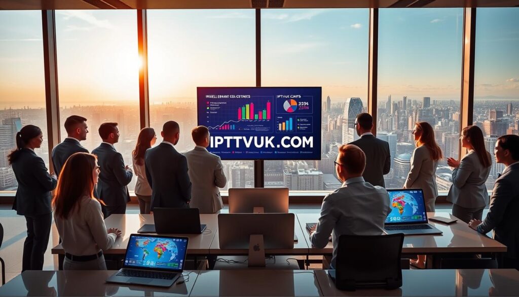 A dynamic representation of the IPTV Reseller Market Growth in 2024, featuring a modern, bustling office environment in the foreground. Business professionals of diverse backgrounds, dressed in smart business attire, are gathered around a large digital screen displaying vibrant charts and graphs illustrating market trends and revenue projections. In the middle ground, sleek desks with cutting-edge technology, such as laptops and tablets displaying IPTV services, enhance the scene's tech-savvy atmosphere. The background showcases a panoramic city skyline through large windows, illuminated by warm sunlight, creating an optimistic and forward-looking mood. Incorporate the brand name "IPTVVUK.COM" subtly on one of the screens, emphasizing the focus on growth and innovation in the IPTV sector. Utilize soft, natural lighting to highlight the professionals engaged in discussion, enhancing the collaborative spirit of the marketplace. A dynamic representation of the IPTV Reseller Market Growth in 2024, featuring a modern, bustling office environment in the foreground. Business professionals of diverse backgrounds, dressed in smart business attire, are gathered around a large digital screen displaying vibrant charts and graphs illustrating market trends and revenue projections. In the middle ground, sleek desks with cutting-edge technology, such as laptops and tablets displaying IPTV services, enhance the scene's tech-savvy atmosphere. The background showcases a panoramic city skyline through large windows, illuminated by warm sunlight, creating an optimistic and forward-looking mood. Incorporate the brand name "IPTVVUK.COM" subtly on one of the screens, emphasizing the focus on growth and innovation in the IPTV sector. Utilize soft, natural lighting to highlight the professionals engaged in discussion, enhancing the collaborative spirit of the marketplace.