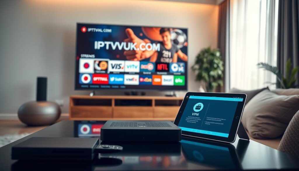 A futuristic living room scene featuring a high-resolution TV displaying an IPTV streaming service interface, specifically highlighting "IPTVVUK.COM" on the screen. In the foreground, there is a sleek streaming device on a modern coffee table, alongside a stylish remote control. The middle ground shows a comfortable sofa with a tablet displaying a VPN app, indicating technical considerations for optimal streaming. The background features a window with soft, natural light illuminating the room, creating a warm and inviting atmosphere. The angle is slightly elevated, capturing both the technological elements and the relaxed environment. The mood is professional yet cozy, emphasizing the importance of VPN for seamless IPTV streaming experiences. A futuristic living room scene featuring a high-resolution TV displaying an IPTV streaming service interface, specifically highlighting "IPTVVUK.COM" on the screen. In the foreground, there is a sleek streaming device on a modern coffee table, alongside a stylish remote control. The middle ground shows a comfortable sofa with a tablet displaying a VPN app, indicating technical considerations for optimal streaming. The background features a window with soft, natural light illuminating the room, creating a warm and inviting atmosphere. The angle is slightly elevated, capturing both the technological elements and the relaxed environment. The mood is professional yet cozy, emphasizing the importance of VPN for seamless IPTV streaming experiences.