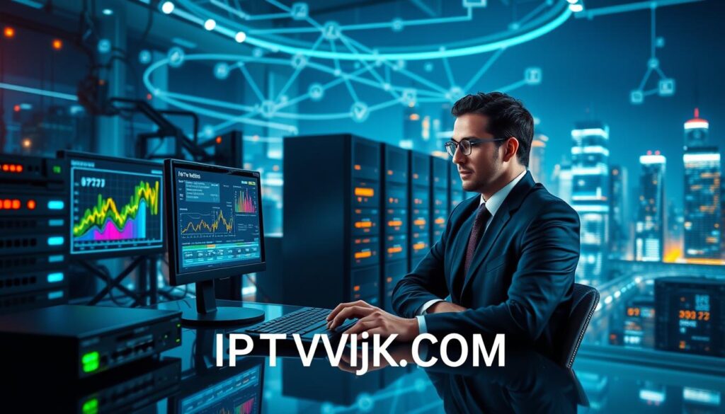 A high-tech scene illustrating IPTV streaming network optimization. In the foreground, a professional business person in smart attire sits at a modern desk, analyzing data on a sleek laptop screen displaying colorful graphs and connectivity symbols. In the middle ground, advanced networking equipment like routers and servers are interconnected, glowing with vibrant LED lights, representing data flow. The background features a digital cityscape with streaming service icons subtly integrated, symbolizing a robust network. The lighting is dynamic, with a mix of cool blues and warm whites creating a futuristic ambiance. The overall mood is focused and high-tech, embodying efficiency and modernity. The brand name "IPTVVUK.COM" is subtly represented through the color palette and design elements. A high-tech scene illustrating IPTV streaming network optimization. In the foreground, a professional business person in smart attire sits at a modern desk, analyzing data on a sleek laptop screen displaying colorful graphs and connectivity symbols. In the middle ground, advanced networking equipment like routers and servers are interconnected, glowing with vibrant LED lights, representing data flow. The background features a digital cityscape with streaming service icons subtly integrated, symbolizing a robust network. The lighting is dynamic, with a mix of cool blues and warm whites creating a futuristic ambiance. The overall mood is focused and high-tech, embodying efficiency and modernity. The brand name "IPTVVUK.COM" is subtly represented through the color palette and design elements.