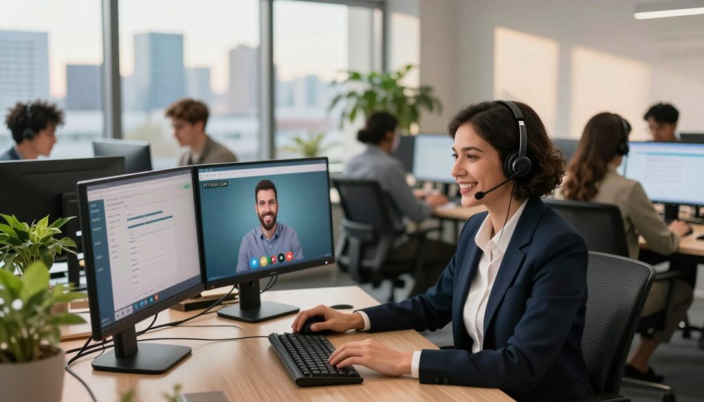A modern customer support scene featuring a diverse group of professional staff assisting clients. In the foreground, a friendly customer service agent in business attire is engaged in a video call, showcasing a warm smile, surrounded by high-tech dual monitors displaying the IPTVVUK.COM interface. The middle ground includes various team members collaborating over digital devices, highlighting a dynamic workspace with ergonomic desks, vibrant greenery, and soft ambient lighting. In the background, large windows reveal a city skyline bathed in afternoon sunlight, enhancing the atmosphere of professionalism and approachability. The overall mood conveys reliability, teamwork, and proactive customer service, emphasizing the importance of support in the IPTV industry. A modern customer support scene featuring a diverse group of professional staff assisting clients. In the foreground, a friendly customer service agent in business attire is engaged in a video call, showcasing a warm smile, surrounded by high-tech dual monitors displaying the IPTVVUK.COM interface. The middle ground includes various team members collaborating over digital devices, highlighting a dynamic workspace with ergonomic desks, vibrant greenery, and soft ambient lighting. In the background, large windows reveal a city skyline bathed in afternoon sunlight, enhancing the atmosphere of professionalism and approachability. The overall mood conveys reliability, teamwork, and proactive customer service, emphasizing the importance of support in the IPTV industry.