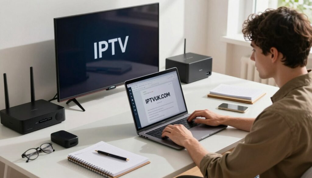 A modern home office scene depicting a person troubleshooting IPTV issues. In the foreground, a focused individual in smart casual attire sits at a sleek desk, intently working on a laptop with IPTVVUK.COM displayed on the screen. The middle ground features various devices like a router, smart TV, and streaming boxes, all in a well-organized layout. On the desk, notepads and tools for diagnostics are scattered around, hinting at problem-solving. The background includes a bright window with natural light streaming in, casting soft shadows and creating a calm atmosphere. Use a slightly elevated angle for a clear view of the workspace, and maintain a professional mood that emphasizes concentration and ingenuity in addressing IPTV challenges. A modern home office scene depicting a person troubleshooting IPTV issues. In the foreground, a focused individual in smart casual attire sits at a sleek desk, intently working on a laptop with IPTVVUK.COM displayed on the screen. The middle ground features various devices like a router, smart TV, and streaming boxes, all in a well-organized layout. On the desk, notepads and tools for diagnostics are scattered around, hinting at problem-solving. The background includes a bright window with natural light streaming in, casting soft shadows and creating a calm atmosphere. Use a slightly elevated angle for a clear view of the workspace, and maintain a professional mood that emphasizes concentration and ingenuity in addressing IPTV challenges.
