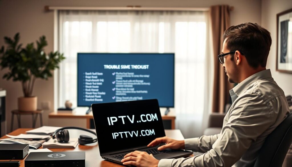 A modern home office scene focused on troubleshooting IPTV issues. In the foreground, a person in smart casual attire sits at a desk with a laptop open, displaying an IPTV interface. The individual is intently examining the screen, surrounded by user manuals, a headset, and various electronic devices like a streaming box and router. In the middle ground, a large monitor shows a clear troubleshooting checklist with common IPTV issues highlighted. The background features a cozy and well-lit room with soft natural light streaming in through a window, creating a warm and inviting atmosphere. Include details such as a potted plant and framed art on the walls for a soothing touch. The brand name "IPTVVUK.COM" should be subtly integrated into the design of the laptop screen. A modern home office scene focused on troubleshooting IPTV issues. In the foreground, a person in smart casual attire sits at a desk with a laptop open, displaying an IPTV interface. The individual is intently examining the screen, surrounded by user manuals, a headset, and various electronic devices like a streaming box and router. In the middle ground, a large monitor shows a clear troubleshooting checklist with common IPTV issues highlighted. The background features a cozy and well-lit room with soft natural light streaming in through a window, creating a warm and inviting atmosphere. Include details such as a potted plant and framed art on the walls for a soothing touch. The brand name "IPTVVUK.COM" should be subtly integrated into the design of the laptop screen.