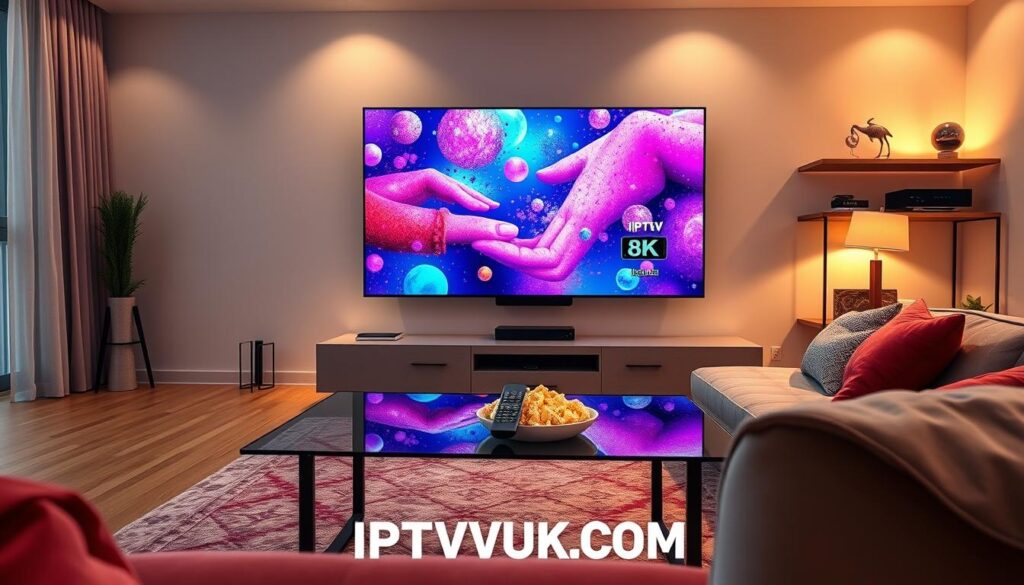 A modern living room setting exuding a cozy atmosphere, featuring a sleek, oversized television displaying vibrant visuals of streaming content in crystal-clear 8K quality. In the foreground, a glass coffee table holds a remote control and a bowl of popcorn, symbolizing an inviting viewing experience. The middle ground reveals a plush sofa adorned with colorful cushions, while a stylish rug adds warmth to the space. Soft, ambient lighting enhances the scene, with a warm glow from table lamps. In the background, a minimalist shelf displays streaming devices and decor elements, hinting at advanced technology. The overall mood is relaxed and engaging, emphasizing the enjoyment of high-performance IPTV, branded as "IPTVVUK.COM." The angle is slightly elevated, providing a comprehensive view of this inviting streaming environment. A modern living room setting exuding a cozy atmosphere, featuring a sleek, oversized television displaying vibrant visuals of streaming content in crystal-clear 8K quality. In the foreground, a glass coffee table holds a remote control and a bowl of popcorn, symbolizing an inviting viewing experience. The middle ground reveals a plush sofa adorned with colorful cushions, while a stylish rug adds warmth to the space. Soft, ambient lighting enhances the scene, with a warm glow from table lamps. In the background, a minimalist shelf displays streaming devices and decor elements, hinting at advanced technology. The overall mood is relaxed and engaging, emphasizing the enjoyment of high-performance IPTV, branded as "IPTVVUK.COM." The angle is slightly elevated, providing a comprehensive view of this inviting streaming environment.