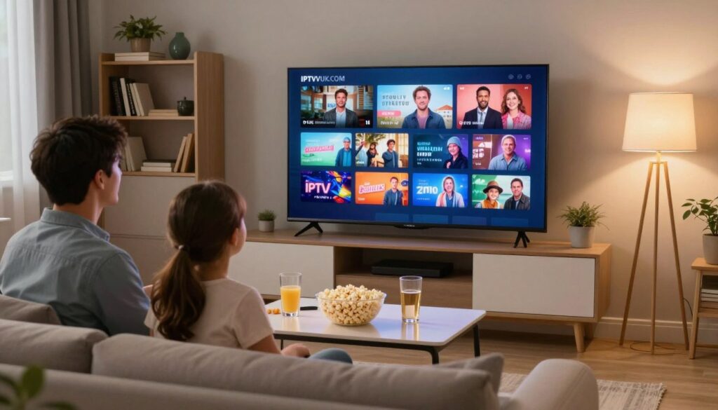 A modern living room setting showcasing a family enjoying IPTV services with a large flat-screen TV displaying vibrant content. In the foreground, a father and mother seated on a cozy sofa, both dressed in modest casual clothing, engaged in watching a movie together, their expressions reflecting enjoyment and relaxation. In the middle, an elegant coffee table laden with popcorn and drinks, adding a homely touch. The background features a shelf adorned with books and decor, subtly suggesting a contemporary lifestyle. Soft, warm lighting emanates from a stylish lamp in the corner, creating an inviting atmosphere. The brand "IPTVVUK.COM" is subtly integrated into the TV screen display, hinting at modern entertainment options. The mood is family-friendly, highlighting the accessibility and enjoyment of legal IPTV services. A modern living room setting showcasing a family enjoying IPTV services with a large flat-screen TV displaying vibrant content. In the foreground, a father and mother seated on a cozy sofa, both dressed in modest casual clothing, engaged in watching a movie together, their expressions reflecting enjoyment and relaxation. In the middle, an elegant coffee table laden with popcorn and drinks, adding a homely touch. The background features a shelf adorned with books and decor, subtly suggesting a contemporary lifestyle. Soft, warm lighting emanates from a stylish lamp in the corner, creating an inviting atmosphere. The brand "IPTVVUK.COM" is subtly integrated into the TV screen display, hinting at modern entertainment options. The mood is family-friendly, highlighting the accessibility and enjoyment of legal IPTV services.