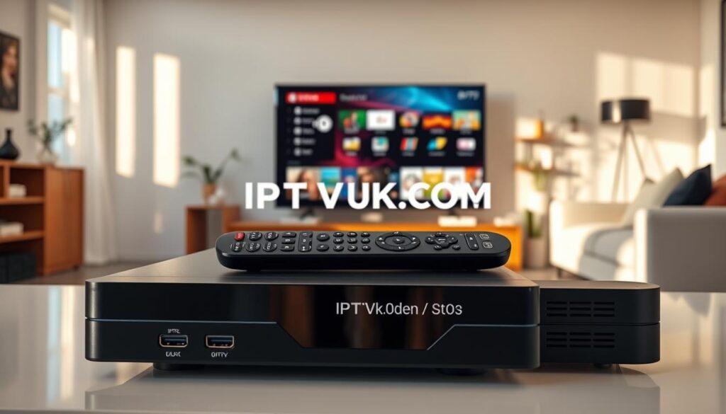 A modern living room setting showcasing various IPTV devices prominently placed on a sleek entertainment center. In the foreground, a high-tech IPTV set-top box with visible features like USB ports and HDMI connections, alongside a stylish remote control. In the middle, an ultra-HD television displaying an IPTV interface, reflecting vibrant colors and interactive elements. The background features a cozy couch and a contemporary décor, enhancing the inviting atmosphere. Soft, natural lighting streams through a nearby window, casting gentle shadows that create depth in the scene. Capture this in a wide-angle shot to emphasize the sleek technology and comfort of home entertainment. Incorporate the brand name "IPTVVUK.COM" subtly in the device design for brand identity. The mood should be modern, tech-savvy, and inviting. A modern living room setting showcasing various IPTV devices prominently placed on a sleek entertainment center. In the foreground, a high-tech IPTV set-top box with visible features like USB ports and HDMI connections, alongside a stylish remote control. In the middle, an ultra-HD television displaying an IPTV interface, reflecting vibrant colors and interactive elements. The background features a cozy couch and a contemporary décor, enhancing the inviting atmosphere. Soft, natural lighting streams through a nearby window, casting gentle shadows that create depth in the scene. Capture this in a wide-angle shot to emphasize the sleek technology and comfort of home entertainment. Incorporate the brand name "IPTVVUK.COM" subtly in the device design for brand identity. The mood should be modern, tech-savvy, and inviting.