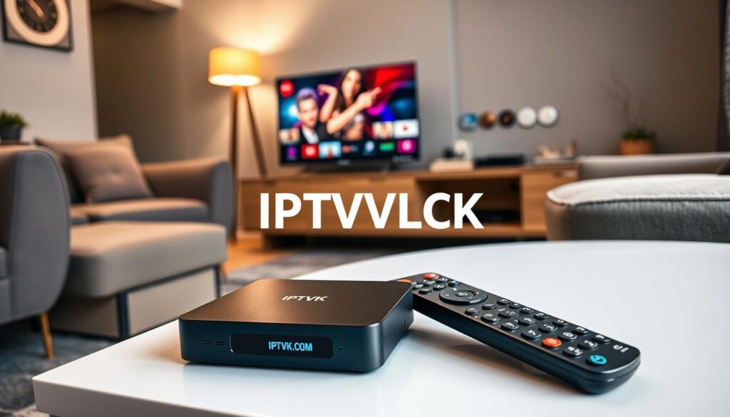 A modern living room setting showcasing various IPTV streaming devices, prominently featuring the brand name "IPTVVUK.COM". In the foreground, a sleek black IPTV box and a vibrant remote control rest on a stylish coffee table. In the middle ground, a flat-screen TV displays colorful streaming content with dynamic visuals. The background features comfortable furniture, soft lighting from a nearby lamp, and a few decorative elements, creating a cozy atmosphere. The scene is captured from a slightly elevated angle, emphasizing the devices and inviting viewers into the space. The mood is warm and inviting, reflecting a relaxed home entertainment environment, perfect for cord-cutters. The lighting is soft yet bright, highlighting the technology without harsh shadows. A modern living room setting showcasing various IPTV streaming devices, prominently featuring the brand name "IPTVVUK.COM". In the foreground, a sleek black IPTV box and a vibrant remote control rest on a stylish coffee table. In the middle ground, a flat-screen TV displays colorful streaming content with dynamic visuals. The background features comfortable furniture, soft lighting from a nearby lamp, and a few decorative elements, creating a cozy atmosphere. The scene is captured from a slightly elevated angle, emphasizing the devices and inviting viewers into the space. The mood is warm and inviting, reflecting a relaxed home entertainment environment, perfect for cord-cutters. The lighting is soft yet bright, highlighting the technology without harsh shadows.