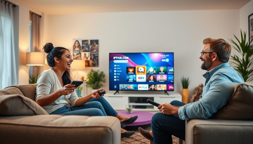 A modern living room showcasing a diverse group of three adults enjoying their IPTV experience together. In the foreground, a casual gathering with friends seated on a stylish couch, each holding a remote control. They're dressed in smart casual clothing, showcasing laughter and engagement while watching a vivid display on a large 4K TV. The screen presents a colorful interface of IPTVVUK.COM, highlighting various streaming options. In the middle, cozy lighting emanates from soft lamps, casting a warm glow on the scene. The background features a well-decorated room with plants and modern decor, enhancing the relaxed atmosphere. A sense of connection and enjoyment is palpable, reflecting the advantages of IPTV for secure, affordable streaming. The angle is slightly elevated, providing a comprehensive view of the scene. A modern living room showcasing a diverse group of three adults enjoying their IPTV experience together. In the foreground, a casual gathering with friends seated on a stylish couch, each holding a remote control. They're dressed in smart casual clothing, showcasing laughter and engagement while watching a vivid display on a large 4K TV. The screen presents a colorful interface of IPTVVUK.COM, highlighting various streaming options. In the middle, cozy lighting emanates from soft lamps, casting a warm glow on the scene. The background features a well-decorated room with plants and modern decor, enhancing the relaxed atmosphere. A sense of connection and enjoyment is palpable, reflecting the advantages of IPTV for secure, affordable streaming. The angle is slightly elevated, providing a comprehensive view of the scene.