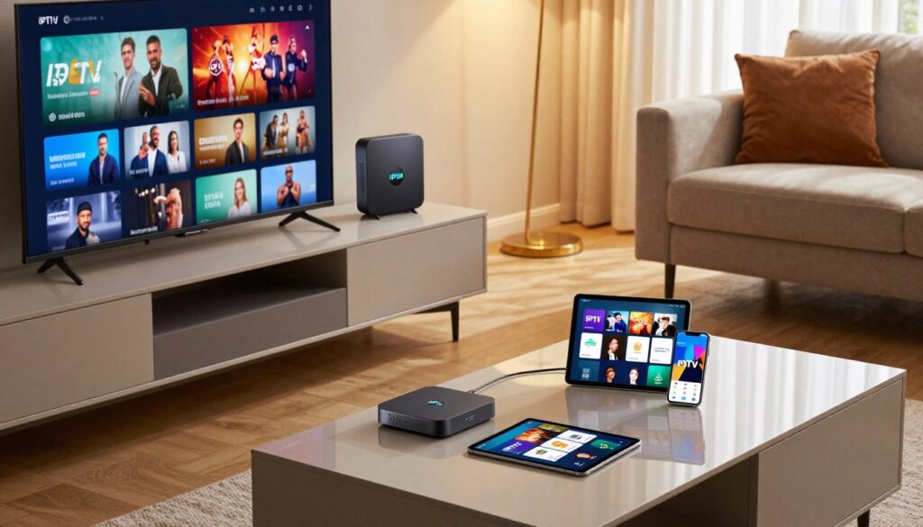 A modern living room showcasing various IPTV compatible devices elegantly arranged on a stylish media console. In the foreground, a sleek smart TV displays vibrant streaming content, while beside it sits a compact streaming box with an illuminated logo of "IPTVVUK.COM". In the middle, a tablet and a smartphone are placed on a glossy coffee table, both featuring IPTV apps on their screens. The background features a cozy couch and warm ambient lighting that enhances the welcoming atmosphere of the space. Soft shadows create depth, while natural light filters through sheer curtains. Capture this scene from a slightly elevated angle to emphasize the interplay between technology and home comfort, evoking a sense of modern convenience and entertainment. A modern living room showcasing various IPTV compatible devices elegantly arranged on a stylish media console. In the foreground, a sleek smart TV displays vibrant streaming content, while beside it sits a compact streaming box with an illuminated logo of "IPTVVUK.COM". In the middle, a tablet and a smartphone are placed on a glossy coffee table, both featuring IPTV apps on their screens. The background features a cozy couch and warm ambient lighting that enhances the welcoming atmosphere of the space. Soft shadows create depth, while natural light filters through sheer curtains. Capture this scene from a slightly elevated angle to emphasize the interplay between technology and home comfort, evoking a sense of modern convenience and entertainment.