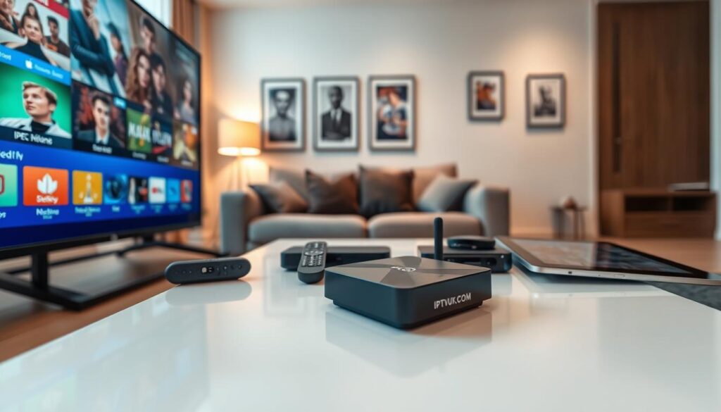 A modern living room showcasing various IPTV devices like smart TVs, streaming boxes, and tablets arranged on a sleek coffee table. In the foreground, a high-definition smart TV displays vibrant streaming content, while a streaming device with a logo "IPTVVUK.COM" is visible on the side. In the middle, a cozy couch with a few remote controls scattered is partially in view, next to a wall decorated with framed TV show posters. The background features a soft, ambient light coming through a window, enhancing a warm and inviting atmosphere. The scene is captured with a wide-angle lens at a slightly elevated angle to highlight the setup, conveying a sense of modernity and comfort suitable for cord-cutters embracing IPTV technology. A modern living room showcasing various IPTV devices like smart TVs, streaming boxes, and tablets arranged on a sleek coffee table. In the foreground, a high-definition smart TV displays vibrant streaming content, while a streaming device with a logo "IPTVVUK.COM" is visible on the side. In the middle, a cozy couch with a few remote controls scattered is partially in view, next to a wall decorated with framed TV show posters. The background features a soft, ambient light coming through a window, enhancing a warm and inviting atmosphere. The scene is captured with a wide-angle lens at a slightly elevated angle to highlight the setup, conveying a sense of modernity and comfort suitable for cord-cutters embracing IPTV technology.
