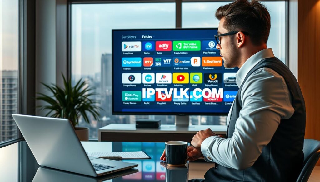 A modern, sleek office space featuring a professional-looking individual in business attire, intently examining a large digital screen displaying various IPTV providers and their features. In the foreground, a stylish desk with a laptop, notepad, and a coffee cup. The middle ground showcases the vibrant screen filled with colorful icons and details about IPTV services, highlighting options like pricing, reviews, and packages. Soft, ambient lighting enhances the focus on the screen and creates a warm, inviting atmosphere. The background consists of a city skyline visible through a window, representing the fast-paced world of technology. Incorporate the brand name "IPTVVUK.COM" subtly on the screen. The overall mood should convey professionalism, decisiveness, and the importance of making informed choices in a competitive market. A modern, sleek office space featuring a professional-looking individual in business attire, intently examining a large digital screen displaying various IPTV providers and their features. In the foreground, a stylish desk with a laptop, notepad, and a coffee cup. The middle ground showcases the vibrant screen filled with colorful icons and details about IPTV services, highlighting options like pricing, reviews, and packages. Soft, ambient lighting enhances the focus on the screen and creates a warm, inviting atmosphere. The background consists of a city skyline visible through a window, representing the fast-paced world of technology. Incorporate the brand name "IPTVVUK.COM" subtly on the screen. The overall mood should convey professionalism, decisiveness, and the importance of making informed choices in a competitive market.