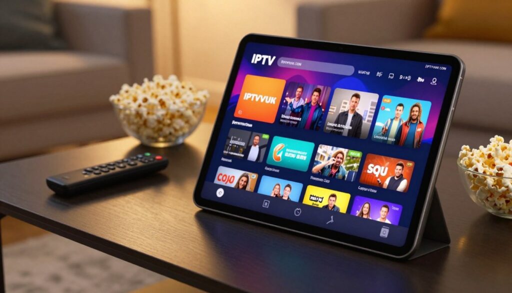 A modern, sleek user interface of an IPTV player app showcased on a high-resolution tablet screen. In the foreground, the tablet displays a vibrant and intuitive menu with colorful thumbnails of various TV channels and shows, set against a dynamic background that suggests a cozy living room environment. The warm lighting creates an inviting atmosphere, with a soft focus on the surrounding furniture. In the middle ground, an elegant coffee table with a remote control and a bowl of popcorn complements the scene, emphasizing a relaxed viewing experience. The angle is slightly tilted to highlight the screen’s details, capturing the essence of user interaction with the app. The brand name "IPTVVUK.COM" is subtly integrated into the screen design. A modern, sleek user interface of an IPTV player app showcased on a high-resolution tablet screen. In the foreground, the tablet displays a vibrant and intuitive menu with colorful thumbnails of various TV channels and shows, set against a dynamic background that suggests a cozy living room environment. The warm lighting creates an inviting atmosphere, with a soft focus on the surrounding furniture. In the middle ground, an elegant coffee table with a remote control and a bowl of popcorn complements the scene, emphasizing a relaxed viewing experience. The angle is slightly tilted to highlight the screen’s details, capturing the essence of user interaction with the app. The brand name "IPTVVUK.COM" is subtly integrated into the screen design.