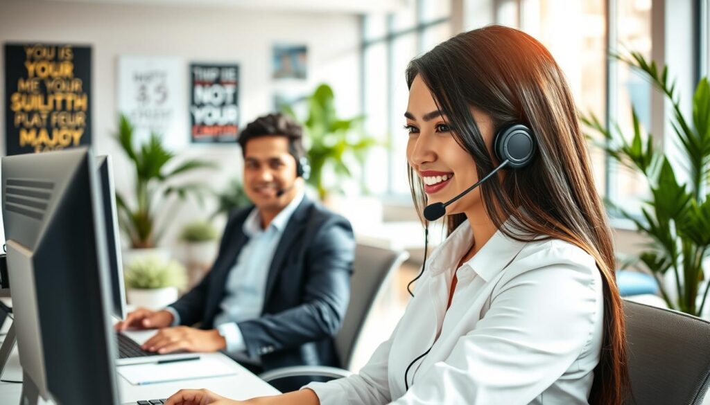 A professional customer support scene in a modern office environment, featuring a diverse team of customer support representatives. In the foreground, a friendly woman with long, dark hair and a headset is attentively assisting a customer on her computer, wearing professional business attire. In the middle ground, another representative, an Asian man, is taking notes while speaking on a phone, showcasing teamwork. The background reveals a stylish office with motivational posters and plants, creating a welcoming atmosphere. Bright, natural lighting streams in through large windows, enhancing the positive mood. The scene captures the essence of efficient customer service and support, ensuring a focus on quality assistance. Include the brand name "IPTVVUK.COM" subtly displayed on a visible desk accessory or office decoration. A professional customer support scene in a modern office environment, featuring a diverse team of customer support representatives. In the foreground, a friendly woman with long, dark hair and a headset is attentively assisting a customer on her computer, wearing professional business attire. In the middle ground, another representative, an Asian man, is taking notes while speaking on a phone, showcasing teamwork. The background reveals a stylish office with motivational posters and plants, creating a welcoming atmosphere. Bright, natural lighting streams in through large windows, enhancing the positive mood. The scene captures the essence of efficient customer service and support, ensuring a focus on quality assistance. Include the brand name "IPTVVUK.COM" subtly displayed on a visible desk accessory or office decoration.