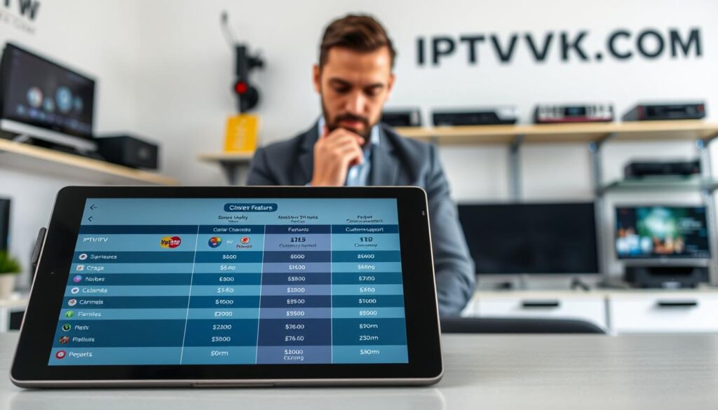 A professional, informative comparison visual for IPTV services, focusing on diverse features and pricing. In the foreground, a sleek, modern tablet displays a side-by-side comparison chart, showcasing various IPTV services with icons representing features like streaming quality, number of channels, and customer support. The middle ground features a business professional in modest casual clothing, thoughtfully analyzing the chart, representing a potential customer making a decision. The background is a bright, tech-inspired workspace with shelves of devices and IPTV branding, including "IPTVVUK.COM". The lighting is soft and even, enhancing readability of the chart, while the atmosphere conveys clarity and productivity, highlighting the importance of choosing the right IPTV service for individual needs. A professional, informative comparison visual for IPTV services, focusing on diverse features and pricing. In the foreground, a sleek, modern tablet displays a side-by-side comparison chart, showcasing various IPTV services with icons representing features like streaming quality, number of channels, and customer support. The middle ground features a business professional in modest casual clothing, thoughtfully analyzing the chart, representing a potential customer making a decision. The background is a bright, tech-inspired workspace with shelves of devices and IPTV branding, including "IPTVVUK.COM". The lighting is soft and even, enhancing readability of the chart, while the atmosphere conveys clarity and productivity, highlighting the importance of choosing the right IPTV service for individual needs.