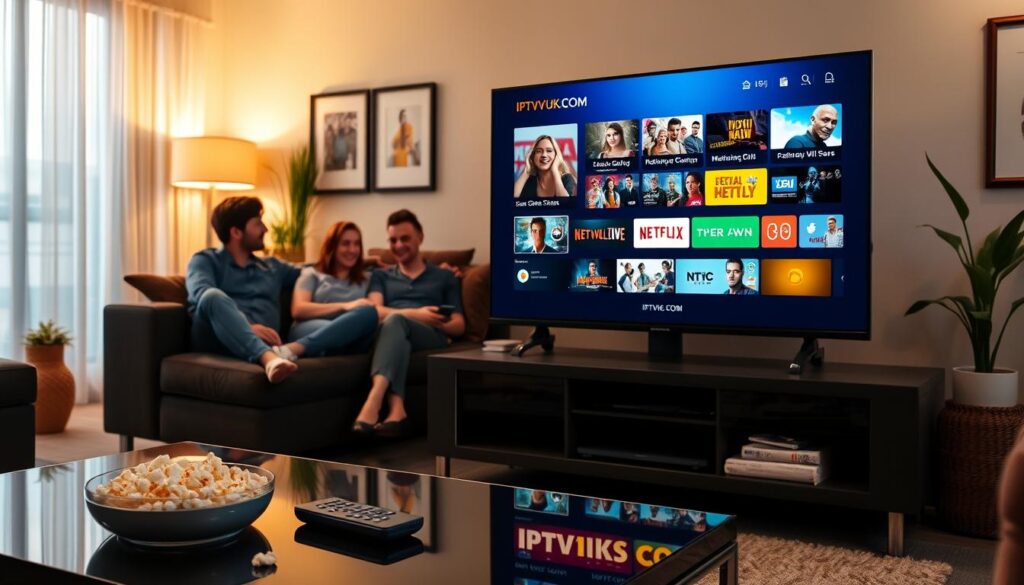 A professional living room setup with a modern flat-screen TV displaying a vibrant IPTV interface showcasing various legal streaming options. In the foreground, there is a sleek coffee table with a remote control and a bowl of popcorn. In the middle ground, a family of four, dressed in casual but neat clothing, sits comfortably on a stylish couch, engaged and happily discussing their favorite shows. The background features a well-lit room with warm, inviting ambient lighting, decorative plants, and tasteful art on the walls. The overall mood is friendly and cozy, suggesting a family-friendly environment. The brand name "IPTVVUK.COM" is subtly integrated into the streaming interface on the TV screen. A professional living room setup with a modern flat-screen TV displaying a vibrant IPTV interface showcasing various legal streaming options. In the foreground, there is a sleek coffee table with a remote control and a bowl of popcorn. In the middle ground, a family of four, dressed in casual but neat clothing, sits comfortably on a stylish couch, engaged and happily discussing their favorite shows. The background features a well-lit room with warm, inviting ambient lighting, decorative plants, and tasteful art on the walls. The overall mood is friendly and cozy, suggesting a family-friendly environment. The brand name "IPTVVUK.COM" is subtly integrated into the streaming interface on the TV screen.