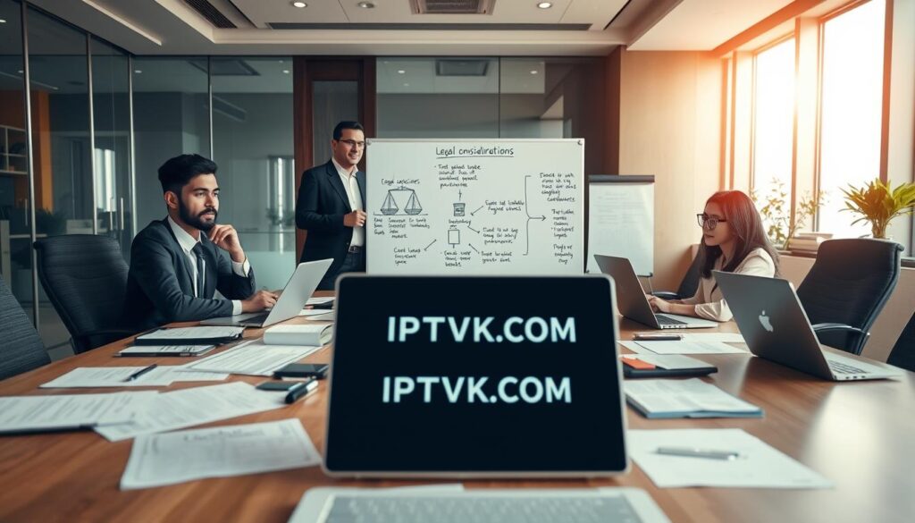 A professional office setting emphasizing legal considerations regarding IPTV services. In the foreground, a confident, diverse group of three professionals, two men and one woman, wearing business attire, are engaged in a discussion around a large conference table scattered with legal documents, laptops, and a tablet displaying a graph of IPTV usage statistics. In the middle, a whiteboard displays notes and a flowchart outlining legal obligations and compliance points related to IPTV. The background features modern office decor with soft natural lighting streaming through large windows, casting a warm and focused atmosphere. The overall mood conveys professionalism, diligence, and the importance of understanding legal frameworks in IPTV services. The brand name "IPTVVUK.COM" is subtly integrated into the scene via a logo on one of the laptops without drawing attention away from the main subjects. A professional office setting emphasizing legal considerations regarding IPTV services. In the foreground, a confident, diverse group of three professionals, two men and one woman, wearing business attire, are engaged in a discussion around a large conference table scattered with legal documents, laptops, and a tablet displaying a graph of IPTV usage statistics. In the middle, a whiteboard displays notes and a flowchart outlining legal obligations and compliance points related to IPTV. The background features modern office decor with soft natural lighting streaming through large windows, casting a warm and focused atmosphere. The overall mood conveys professionalism, diligence, and the importance of understanding legal frameworks in IPTV services. The brand name "IPTVVUK.COM" is subtly integrated into the scene via a logo on one of the laptops without drawing attention away from the main subjects.