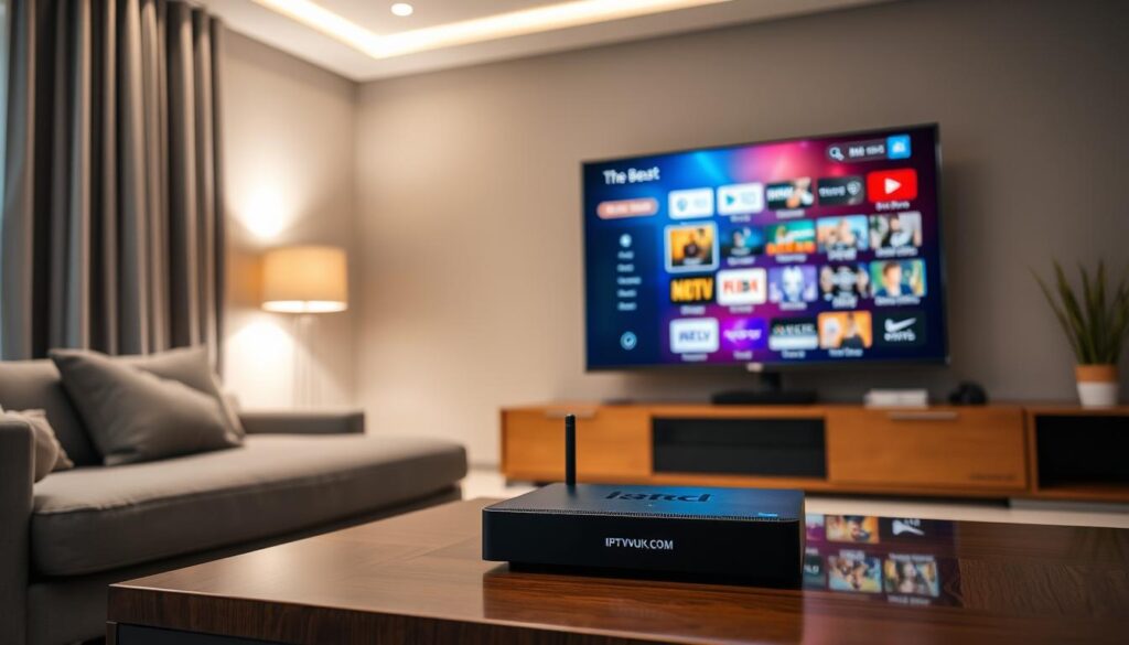 A sleek and modern living room setting, showcasing a large flat-screen TV displaying a vibrant interface of IPTV The Beast, emphasizing its user-friendly features. In the foreground, a stylish coffee table with a remote control and an IPTV subscription box labeled "IPTVVUK.COM." The middle background features a cozy couch with plush cushions, suggesting comfort while watching. Soft, ambient lighting casts a warm glow in the room, creating an inviting atmosphere. A subtle focus on the TV highlights its clarity and the vast content library available. The overall mood is relaxed and engaging, perfect for family entertainment, capturing both the pros and cons of IPTV The Beast in a single frame. A sleek and modern living room setting, showcasing a large flat-screen TV displaying a vibrant interface of IPTV The Beast, emphasizing its user-friendly features. In the foreground, a stylish coffee table with a remote control and an IPTV subscription box labeled "IPTVVUK.COM." The middle background features a cozy couch with plush cushions, suggesting comfort while watching. Soft, ambient lighting casts a warm glow in the room, creating an inviting atmosphere. A subtle focus on the TV highlights its clarity and the vast content library available. The overall mood is relaxed and engaging, perfect for family entertainment, capturing both the pros and cons of IPTV The Beast in a single frame.