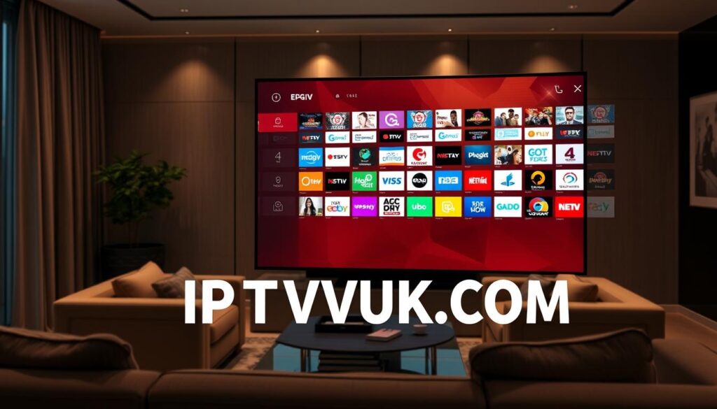A sleek, modern Electronic Program Guide (EPG) interface displayed on a high-resolution flat-screen television in a stylish living room setting. The foreground features the TV screen showcasing an interactive EPG layout, complete with vibrant, colorful boxes representing various channels and program listings, all elegantly arranged for a user-friendly experience. In the middle ground, a comfortable couch and a stylish coffee table create a cozy ambiance, accented by soft lighting that highlights the screen. The background features a contemporary decor style with subtle shades that enhance the atmosphere, creating a warm and inviting space. The overall mood is inviting and tech-savvy, emphasizing the efficiency and ease of using IPTV service, with the brand name "IPTVVUK.COM" subtly integrated into the design of the EPG interface. A sleek, modern Electronic Program Guide (EPG) interface displayed on a high-resolution flat-screen television in a stylish living room setting. The foreground features the TV screen showcasing an interactive EPG layout, complete with vibrant, colorful boxes representing various channels and program listings, all elegantly arranged for a user-friendly experience. In the middle ground, a comfortable couch and a stylish coffee table create a cozy ambiance, accented by soft lighting that highlights the screen. The background features a contemporary decor style with subtle shades that enhance the atmosphere, creating a warm and inviting space. The overall mood is inviting and tech-savvy, emphasizing the efficiency and ease of using IPTV service, with the brand name "IPTVVUK.COM" subtly integrated into the design of the EPG interface.