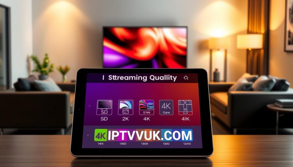 A sleek, modern user interface showcasing "Streaming Quality Options" for an IPTV service. In the foreground, an interactive tablet displays different streaming resolutions – from SD to 4K – illustrated with vibrant icons representing pixel quality. In the middle, a stylish living room setting features a large screen television showing a sharp, colorful image. Soft lighting casts a warm glow, accentuating the sleek furniture and home entertainment setup. The background reveals a cozy ambiance with decorative items, emphasizing a comfortable viewing experience. The mood is relaxed and inviting. Include the brand name "IPTVVUK.COM" subtly integrated into the design of the tablet interface, ensuring it seamlessly fits into the visual composition. A sleek, modern user interface showcasing "Streaming Quality Options" for an IPTV service. In the foreground, an interactive tablet displays different streaming resolutions – from SD to 4K – illustrated with vibrant icons representing pixel quality. In the middle, a stylish living room setting features a large screen television showing a sharp, colorful image. Soft lighting casts a warm glow, accentuating the sleek furniture and home entertainment setup. The background reveals a cozy ambiance with decorative items, emphasizing a comfortable viewing experience. The mood is relaxed and inviting. Include the brand name "IPTVVUK.COM" subtly integrated into the design of the tablet interface, ensuring it seamlessly fits into the visual composition.