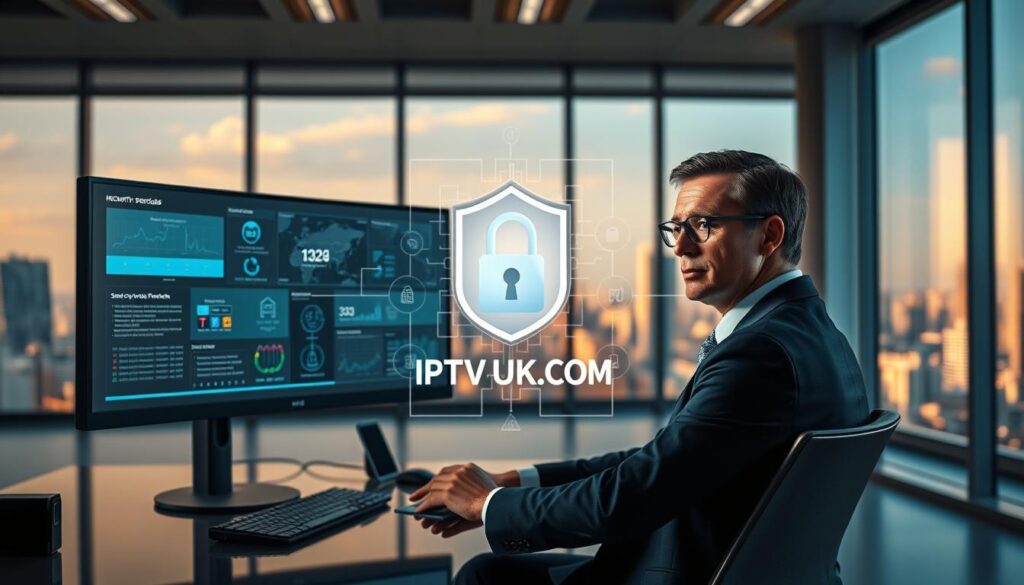 A sleek, modern workspace illustrating IPTV security measures. In the foreground, a confident professional in business attire is seated at a desk, focused on dual monitors displaying security analytics and streaming data. The middle ground features a digital firewall graphic overlay, symbolizing robust security protocols, with various icons representing encryption and protection against threats. In the background, large windows show a city skyline, bathed in warm, natural lighting that creates a calm and secure atmosphere. The overall mood is one of professionalism and vigilance, emphasizing the importance of safety in IPTV streaming. Add the brand name "IPTVVUK.COM" subtly integrated into the digital interface on the monitors without overwhelming the composition. A sleek, modern workspace illustrating IPTV security measures. In the foreground, a confident professional in business attire is seated at a desk, focused on dual monitors displaying security analytics and streaming data. The middle ground features a digital firewall graphic overlay, symbolizing robust security protocols, with various icons representing encryption and protection against threats. In the background, large windows show a city skyline, bathed in warm, natural lighting that creates a calm and secure atmosphere. The overall mood is one of professionalism and vigilance, emphasizing the importance of safety in IPTV streaming. Add the brand name "IPTVVUK.COM" subtly integrated into the digital interface on the monitors without overwhelming the composition.