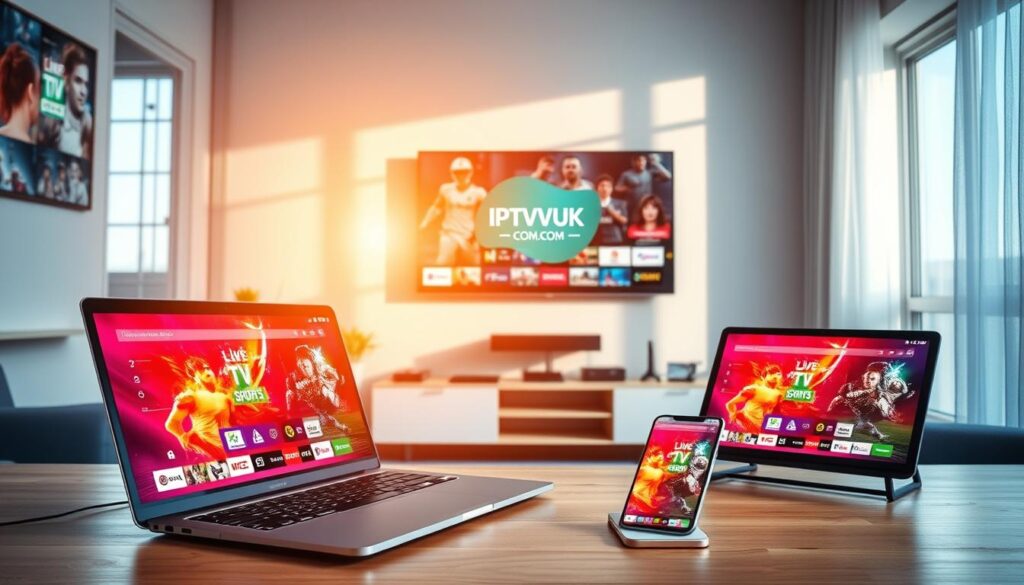 A vibrant, modern workspace showcasing multi-device compatibility for media streaming. In the foreground, a sleek laptop displays an IPTV streaming interface with bright visuals of live TV, sports, and movies. Beside it, a tablet elegantly streams the same content, while a smartphone rests nearby, mirroring the screen. In the middle ground, a smart TV mounted on the wall shows an IPTVVUK.COM logo, surrounded by colorful visuals of diverse programming. The background features a stylish, minimalistic room with soft, natural lighting streaming through large windows, casting a warm glow that enhances the cozy atmosphere. The overall mood is engaging and tech-savvy, appealing to a wide audience interested in digital streaming solutions, highlighting the seamless connection across devices. A vibrant, modern workspace showcasing multi-device compatibility for media streaming. In the foreground, a sleek laptop displays an IPTV streaming interface with bright visuals of live TV, sports, and movies. Beside it, a tablet elegantly streams the same content, while a smartphone rests nearby, mirroring the screen. In the middle ground, a smart TV mounted on the wall shows an IPTVVUK.COM logo, surrounded by colorful visuals of diverse programming. The background features a stylish, minimalistic room with soft, natural lighting streaming through large windows, casting a warm glow that enhances the cozy atmosphere. The overall mood is engaging and tech-savvy, appealing to a wide audience interested in digital streaming solutions, highlighting the seamless connection across devices.
