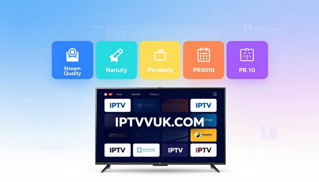 A visually engaging comparison graphic showcasing various IPTV streaming services. In the foreground, display a sleek, modern tablet or smart TV screen with various IPTV service logos, including "IPTVVUK.COM", prominently featured. In the middle, create a colorful infographic-style layout with icons representing features like streaming quality, content variety, and pricing. A soft gradient in background hues of blue and white should evoke a tech-savvy atmosphere. Subtly arranged digital elements, like charts or graphs, should enhance the informative aspect without overwhelming the viewer. Use balanced lighting that highlights the tablet/TV while maintaining a clean and professional look. Aim for a high-resolution finish to ensure clarity and impact, suitable for an informative article section. A visually engaging comparison graphic showcasing various IPTV streaming services. In the foreground, display a sleek, modern tablet or smart TV screen with various IPTV service logos, including "IPTVVUK.COM", prominently featured. In the middle, create a colorful infographic-style layout with icons representing features like streaming quality, content variety, and pricing. A soft gradient in background hues of blue and white should evoke a tech-savvy atmosphere. Subtly arranged digital elements, like charts or graphs, should enhance the informative aspect without overwhelming the viewer. Use balanced lighting that highlights the tablet/TV while maintaining a clean and professional look. Aim for a high-resolution finish to ensure clarity and impact, suitable for an informative article section.
