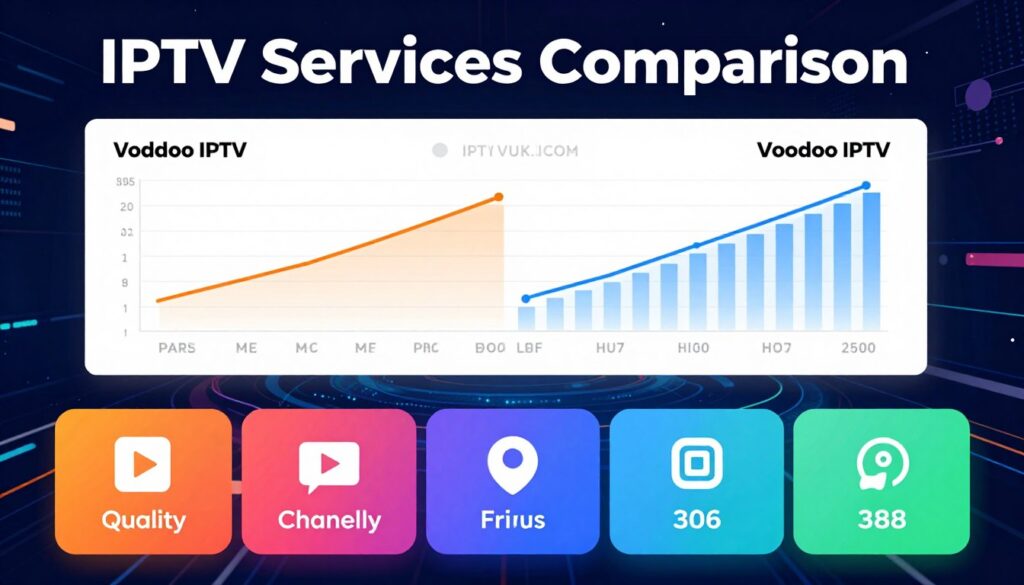 A visually engaging infographic illustrating an "IPTV Services Comparison," focusing on "Voodoo IPTV." In the foreground, display sleek icons representing different IPTV features like streaming quality, channel variety, and pricing tiers in a gradient of vibrant colors. The middle layer features a stylized comparison chart with bold lines and graphs, showcasing Voodoo IPTV's unique features against competitors. In the background, incorporate a tech-inspired digital landscape with abstract shapes and patterns, subtly suggesting connectivity and streaming technology. The scene should be well-lit, giving it a professional and modern feel, with dynamic angles enhancing the depth. The overall mood is informative and engaging, aimed at appealing to tech-savvy viewers. Include the brand name "IPTVVUK.COM" subtly integrated into the design.