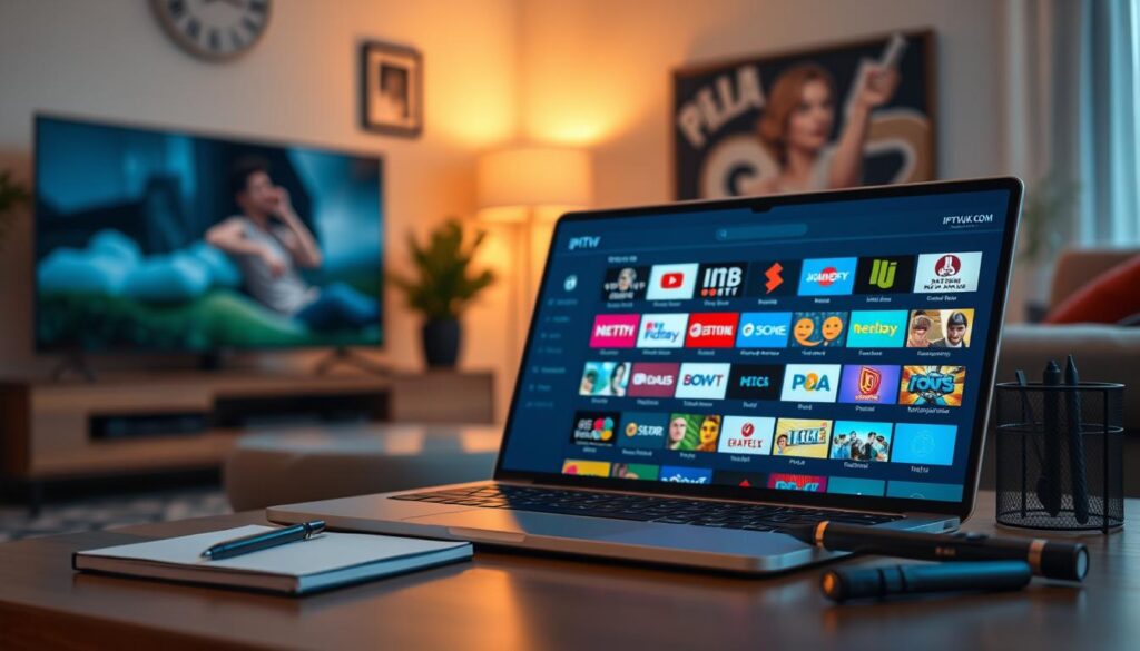 A visually striking digital composition representing an "iptv-org playlist" concept. In the foreground, feature a sleek, modern digital interface showcasing a vibrant IPTV playlist with colorful channel logos and thumbnails, reflecting various streaming options. The middle ground includes a stylized laptop or tablet displaying the IPTV interface, surrounded by streaming equipment like a smart TV and a remote control, conveying an inviting atmosphere of modern technology. The background is softly blurred, hinting at a cozy living room setup with warm, ambient lighting, enhancing the feeling of comfort while streaming. Add subtle touches of a professional workspace, like a notebook and a stylish pen. Ensure the image remains clean and modern, embodying the theme of legal streaming options. Include the text "IPTVVUK.COM" in an elegant, non-intrusive way, ensuring it harmonizes with the overall design. A visually striking digital composition representing an "iptv-org playlist" concept. In the foreground, feature a sleek, modern digital interface showcasing a vibrant IPTV playlist with colorful channel logos and thumbnails, reflecting various streaming options. The middle ground includes a stylized laptop or tablet displaying the IPTV interface, surrounded by streaming equipment like a smart TV and a remote control, conveying an inviting atmosphere of modern technology. The background is softly blurred, hinting at a cozy living room setup with warm, ambient lighting, enhancing the feeling of comfort while streaming. Add subtle touches of a professional workspace, like a notebook and a stylish pen. Ensure the image remains clean and modern, embodying the theme of legal streaming options. Include the text "IPTVVUK.COM" in an elegant, non-intrusive way, ensuring it harmonizes with the overall design.
