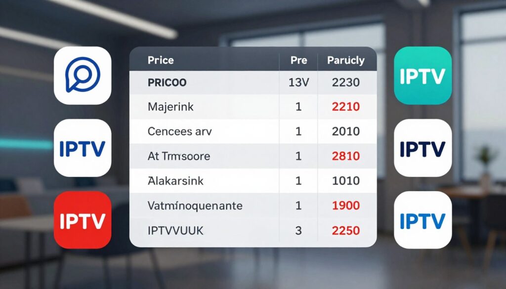 A visually striking infographic depicting a comparison of IPTV services, highlighting Voodoo IPTV alongside its competitors. The foreground features crisp icons representing different IPTV brands, each with distinct colors and logos, including "IPTVVUK.COM". In the middle, a structured comparison chart displays key features such as pricing, content variety, and customer support. The background showcases a sleek, modern digital environment with soft, diffuse lighting that enhances the professional atmosphere. A subtle blur effect at the edges draws focus to the central comparison elements. The overall mood is informative and engaging, aimed at tech-savvy viewers looking for clarity in their IPTV service choices. A visually striking infographic depicting a comparison of IPTV services, highlighting Voodoo IPTV alongside its competitors. The foreground features crisp icons representing different IPTV brands, each with distinct colors and logos, including "IPTVVUK.COM". In the middle, a structured comparison chart displays key features such as pricing, content variety, and customer support. The background showcases a sleek, modern digital environment with soft, diffuse lighting that enhances the professional atmosphere. A subtle blur effect at the edges draws focus to the central comparison elements. The overall mood is informative and engaging, aimed at tech-savvy viewers looking for clarity in their IPTV service choices.