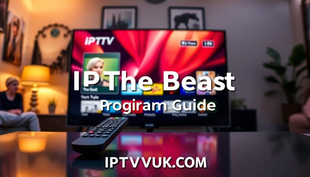 Create a visually striking image of an IPTV program guide titled "IPTV The Beast Program Guide" prominently displayed on a sleek, modern user interface. In the foreground, show a digital screen reflecting vivid colors, featuring a user-friendly layout with vibrant thumbnails of channels and programs. The middle ground should depict a stylish remote control, symbolizing seamless navigation. The background can include a cozy living room setting, softly illuminated by warm ambient lighting, enhancing a relaxed atmosphere. Utilize a slightly angled perspective for a dynamic view, capturing the essence of user experience and interaction. Include the brand name "IPTVVUK.COM" subtly integrated into the design without distracting from the main subject. Aim for a polished, professional look that evokes excitement and engagement. Create a visually striking image of an IPTV program guide titled "IPTV The Beast Program Guide" prominently displayed on a sleek, modern user interface. In the foreground, show a digital screen reflecting vivid colors, featuring a user-friendly layout with vibrant thumbnails of channels and programs. The middle ground should depict a stylish remote control, symbolizing seamless navigation. The background can include a cozy living room setting, softly illuminated by warm ambient lighting, enhancing a relaxed atmosphere. Utilize a slightly angled perspective for a dynamic view, capturing the essence of user experience and interaction. Include the brand name "IPTVVUK.COM" subtly integrated into the design without distracting from the main subject. Aim for a polished, professional look that evokes excitement and engagement.