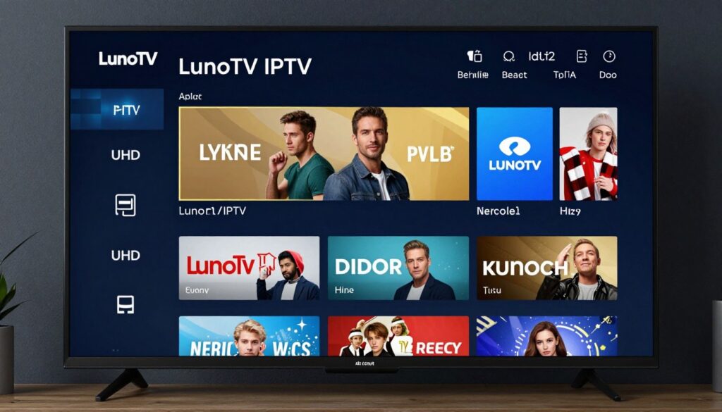 Generate an image of LunoTV IPTV's interface on a smart TV, showcasing its UHD content. Generate an image of LunoTV IPTV's interface on a smart TV, showcasing its UHD content.