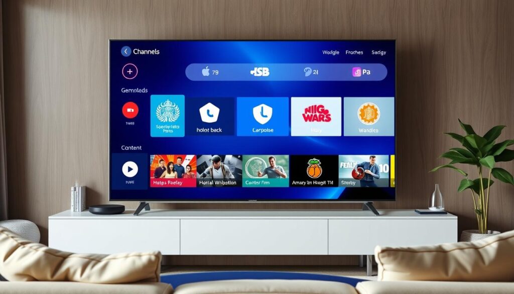 Generate an image of a TV screen displaying various channels and content options with a user-friendly interface. Generate an image of a TV screen displaying various channels and content options with a user-friendly interface.