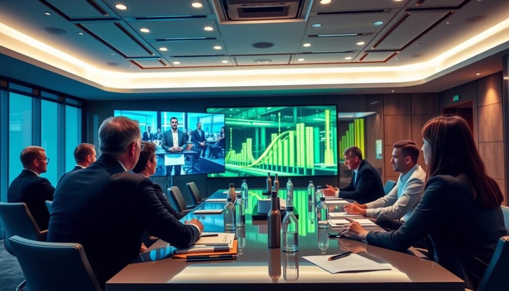 Generate an image of a corporate conference room with a large screen displaying a live event. Generate an image of a corporate conference room with a large screen displaying a live event.
