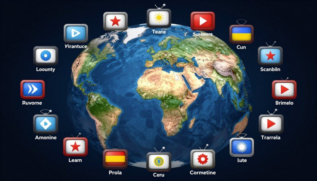 Generate an image of a globe with various TV channels streaming from different countries. Generate an image of a globe with various TV channels streaming from different countries.