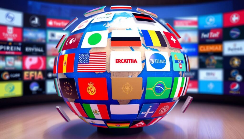 Generate an image of a globe with various TV channels streaming from different countries. Generate an image of a globe with various TV channels streaming from different countries.