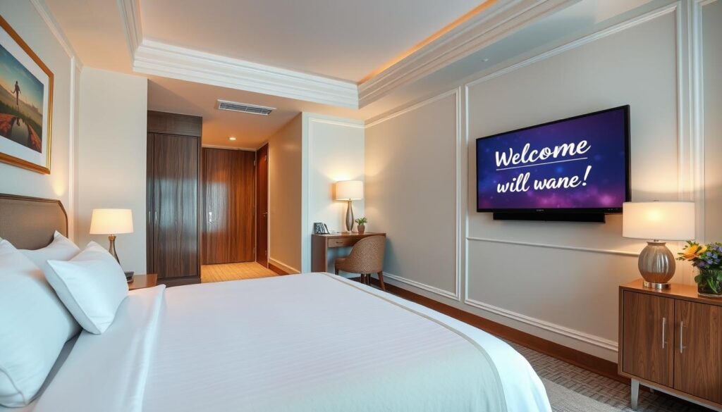 Generate an image of a hotel guest room with an interactive TV screen displaying a personalized welcome message. Generate an image of a hotel guest room with an interactive TV screen displaying a personalized welcome message.