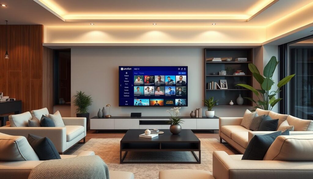 Generate an image of a modern living room with a large screen TV displaying a menu of Arabic IPTV On-Demand content. Generate an image of a modern living room with a large screen TV displaying a menu of Arabic IPTV On-Demand content.