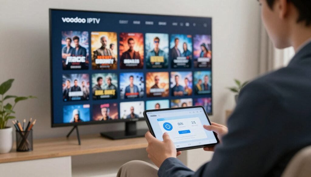 Generate an image of a person browsing through a vast collection of movies and TV shows on their device using Voodoo IPTV. Generate an image of a person browsing through a vast collection of movies and TV shows on their device using Voodoo IPTV.