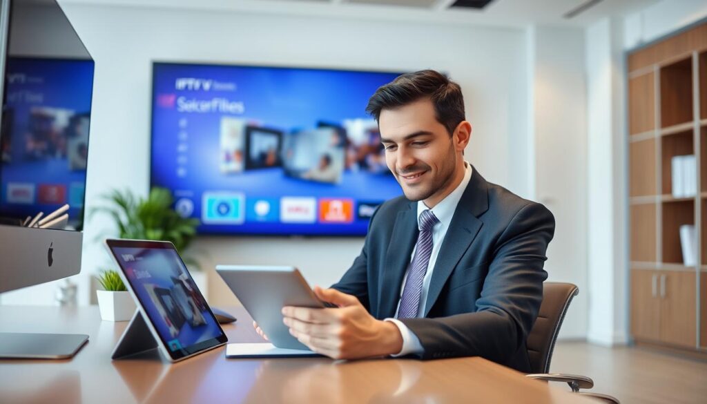 Generate an image of a person choosing an IPTV service on a tablet Generate an image of a person choosing an IPTV service on a tablet